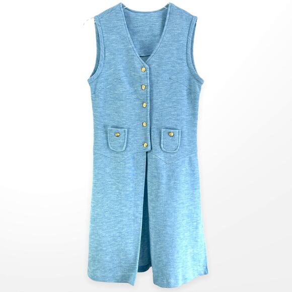 60s Vintage Blue A Line Sleeveless Tunic Open Front Shirt Dress Nautical Buttons - Picture 1 of 7